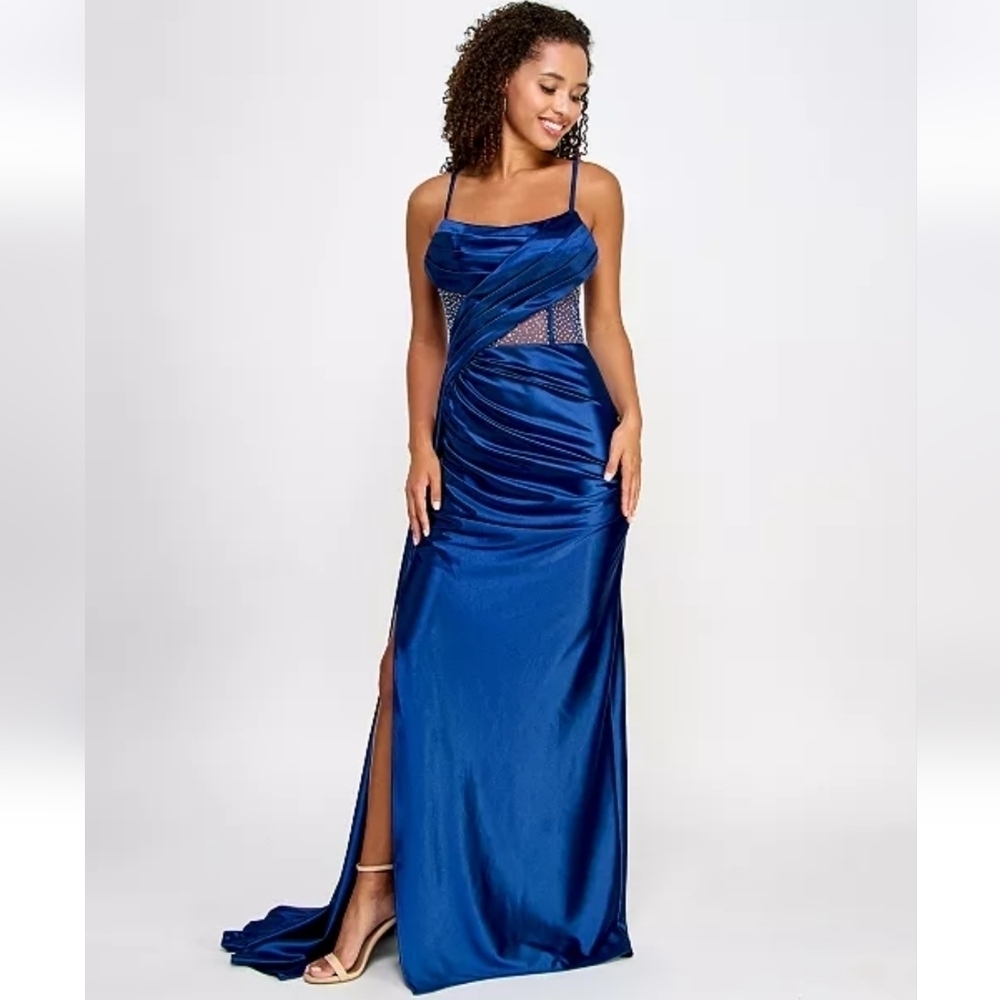 NWT TLC Say Yes Juniors Pleated Illusion Trim Rhinestone Corset Gown in Navy